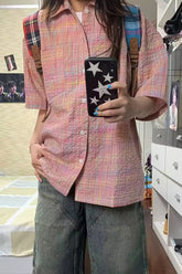 Short Sleeve Retro Pink Plaid Blouse Shirt